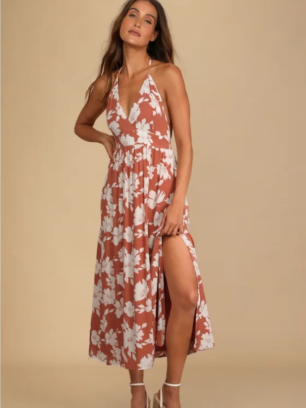 Lulu's Rust and White Floral Halter Maxi Dress